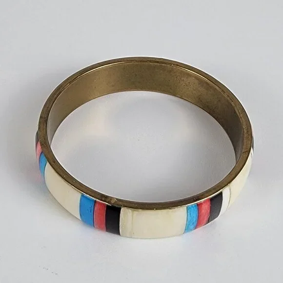 Vintage Natural Materials Overlay Brass Bangle Bracelet 8.25 In Multicolor - Picture 2 of 7